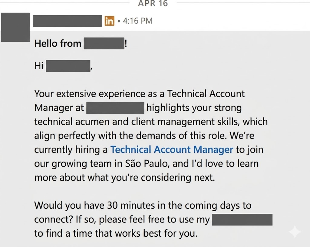 Mensagem anonimizada — Senior Talent Acquisition | Tier-1 Monitoring SaaS