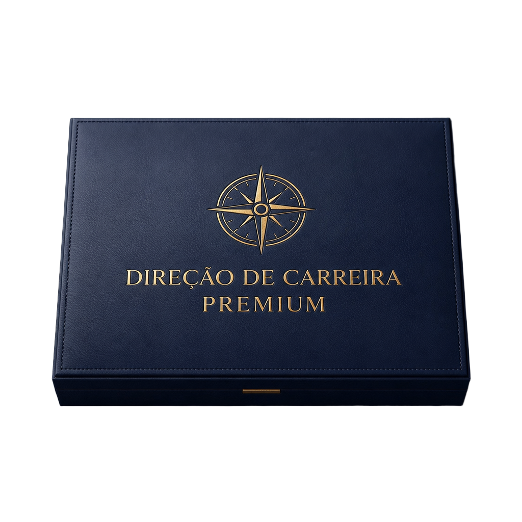 Caixa premium do produto Direção de Carreira Premium em couro azul-marinho com bússola e título em ouro metálico
